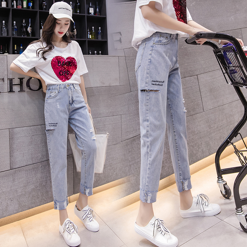 實拍高腰刺繡淺色牛仔直筒褲女2026夏季韓版顯瘦磨破九分哈倫褲潮