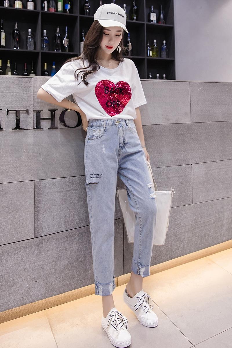 實拍高腰刺繡淺色牛仔直筒褲女2026夏季韓版顯瘦磨破九分哈倫褲潮