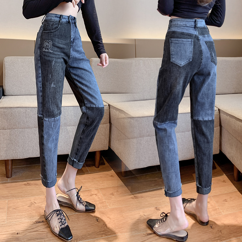 實拍撞色刺繡字母牛仔褲女2026夏季高腰韓版窄款哈倫褲彈力小腳褲