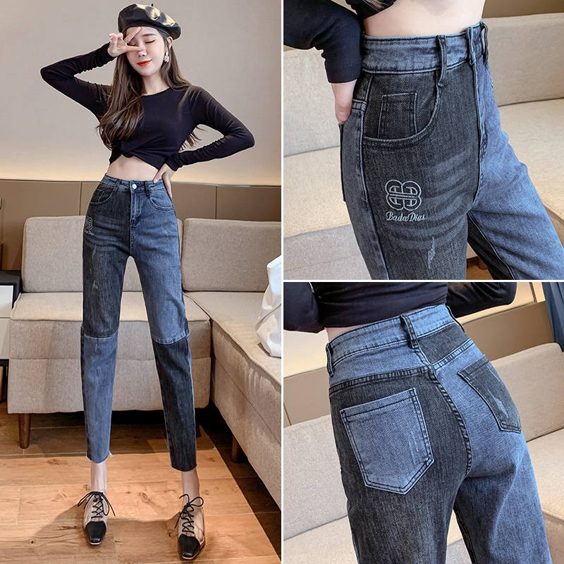 實拍撞色刺繡字母牛仔褲女2026夏季高腰韓版窄款哈倫褲彈力小腳褲