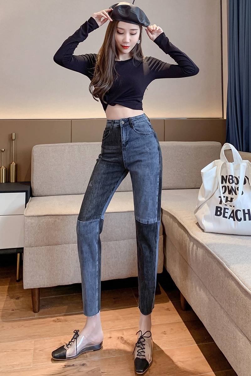 實拍撞色刺繡字母牛仔褲女2026夏季高腰韓版窄款哈倫褲彈力小腳褲