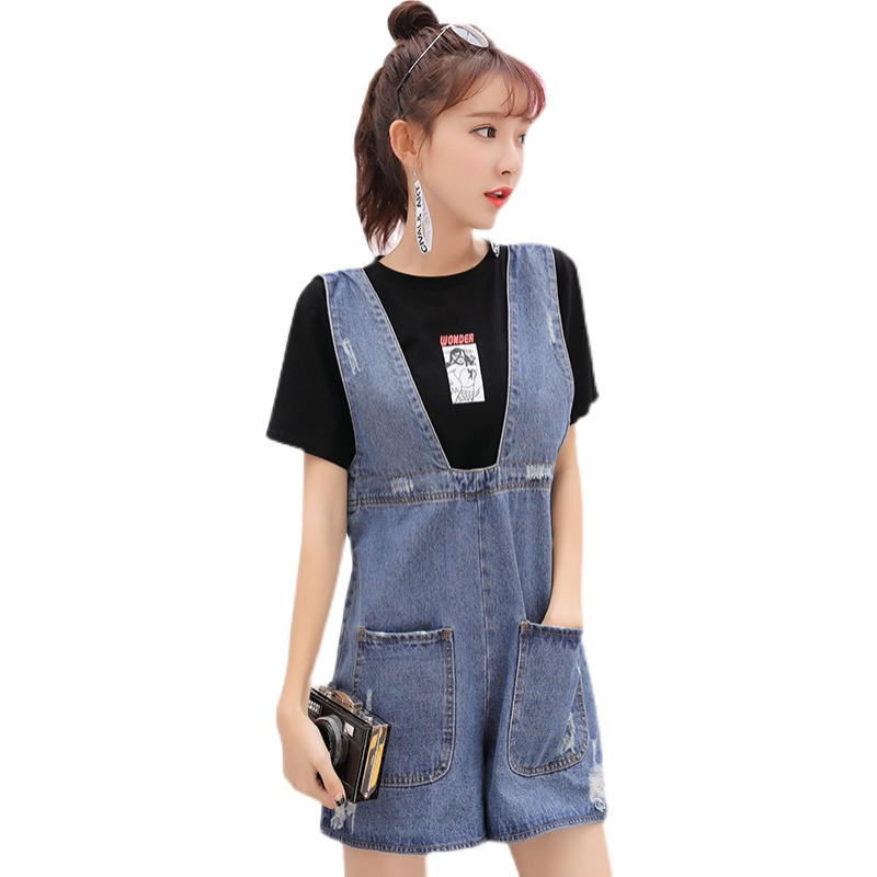 實拍涂鴉T恤ulzzang牛仔背帶褲女2026春夏韓版chic闊腿九分連體褲