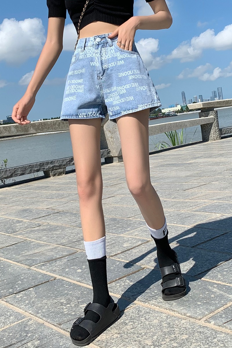 實拍印花闊腿牛仔短褲女2026夏季韓版高腰簡約ins直筒哈倫熱褲潮
