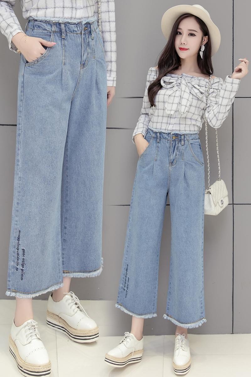 實拍高腰刺繡字母牛仔闊腿褲女2026夏季韓版毛邊寬松直筒九分褲潮