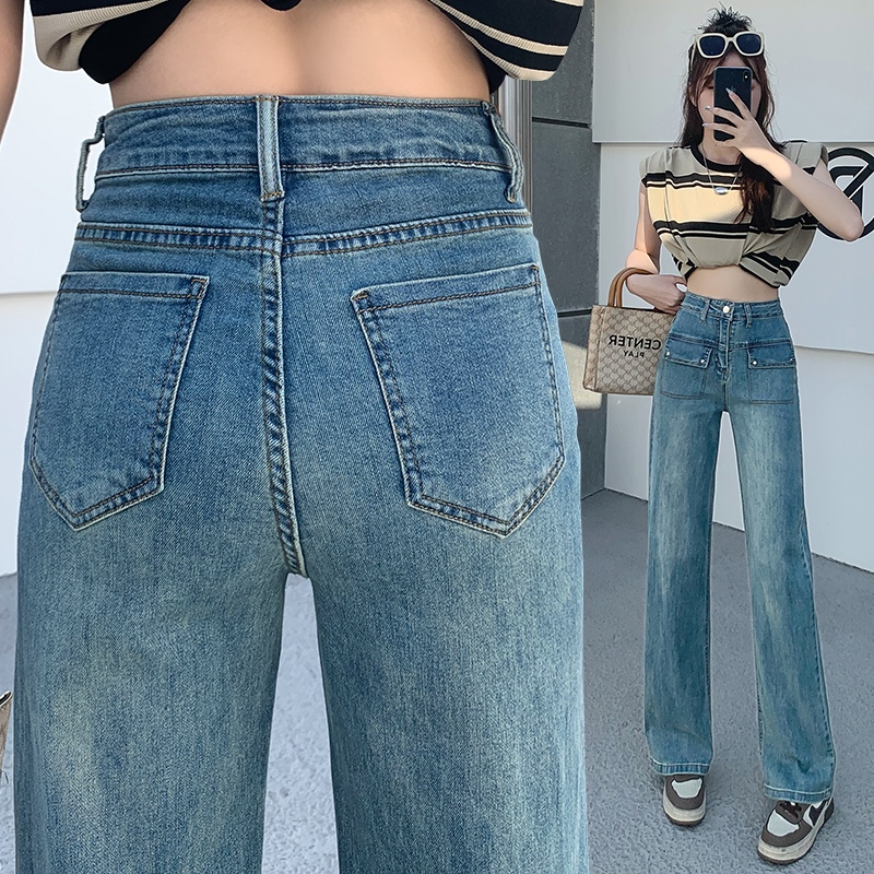 實拍高腰彈力直筒牛仔褲女2026新款夏季韓版小個子窄版顯瘦闊腿褲