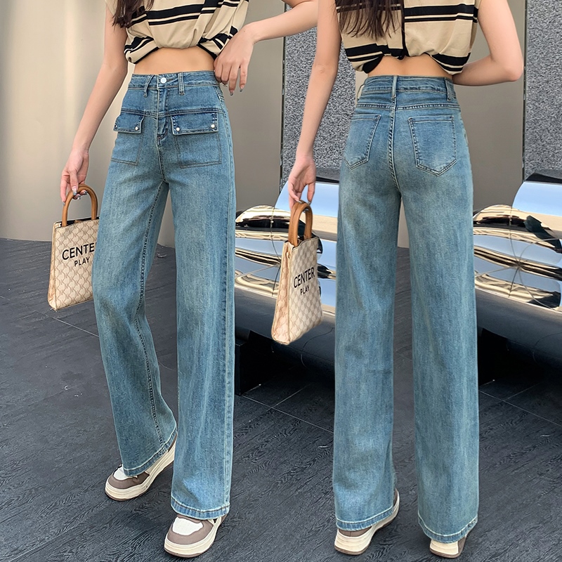 實拍高腰彈力直筒牛仔褲女2026新款夏季韓版小個子窄版顯瘦闊腿褲