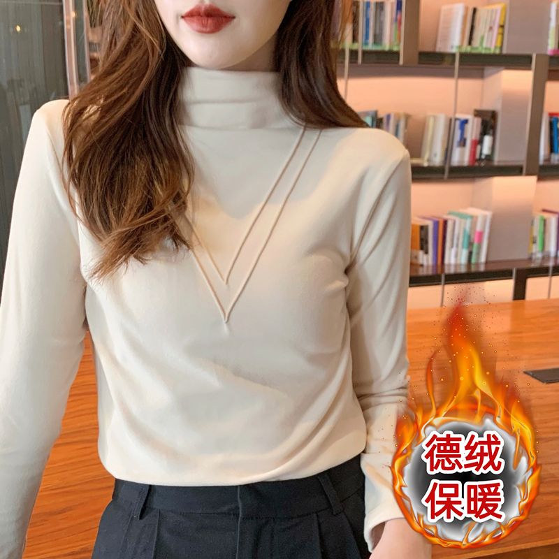 MY17113# 螺纹德绒半高领打底衫女内搭新款长袖t恤显瘦上衣服女裝貨源...