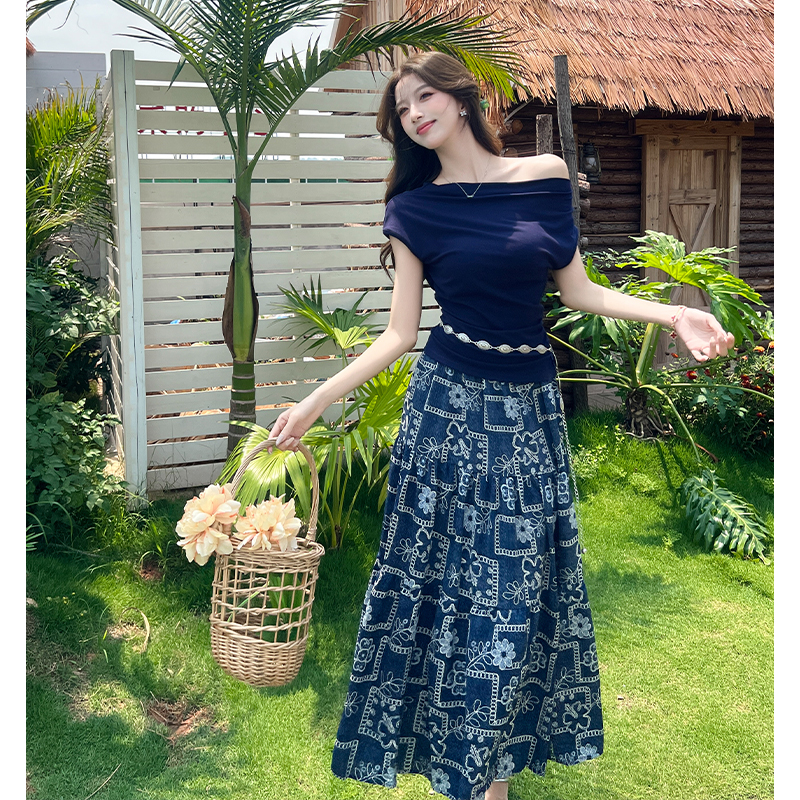 RY3463# 实拍爱西里浪漫南法度假风斜肩一字领上衣印花半身裙长裙套装