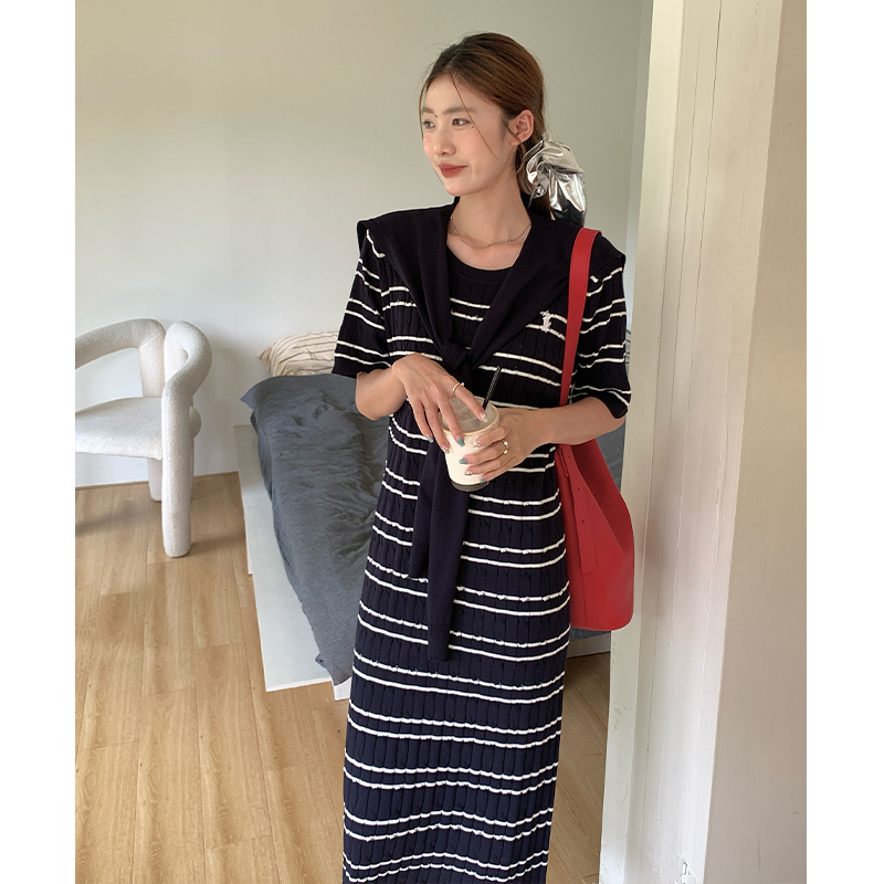 實拍披肩兩件套法式短袖針織連衣裙女修身顯瘦條紋包臀裙套裝