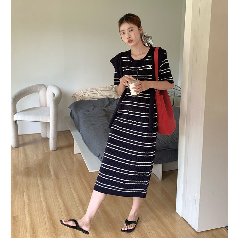 實拍披肩兩件套法式短袖針織連衣裙女修身顯瘦條紋包臀裙套裝