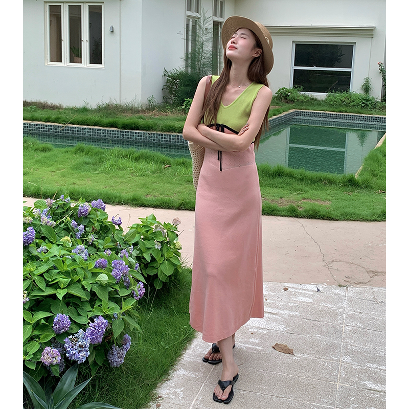 實拍牛油果草莓拼接撞色針織連衣裙高腰修身顯瘦設計感背心裙
