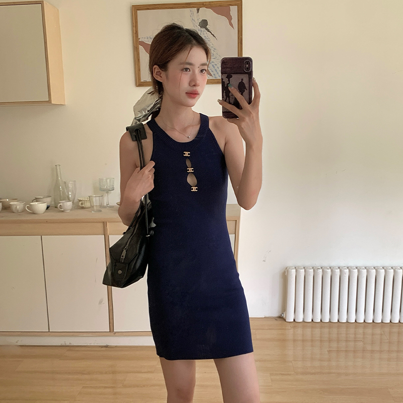 實拍禁欲海線矜貴氣質深藍色御姐感宴會掛脖生日針織連衣裙子