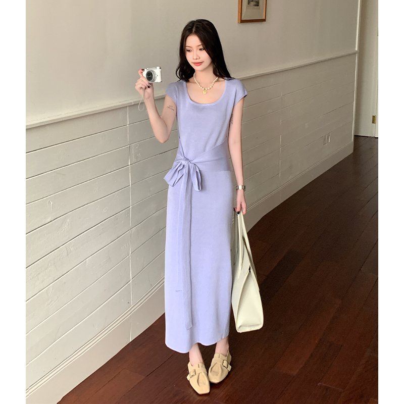 實拍純欲溫柔風修身收腰顯瘦包臀大U領綁帶針織連衣裙長款女