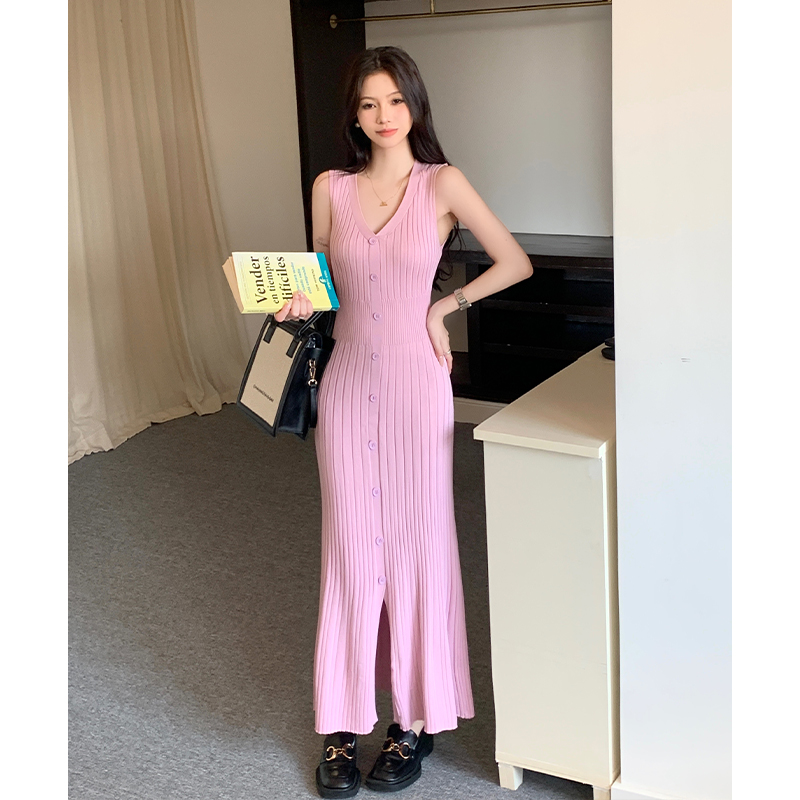 實拍氣質V領無袖連衣裙女夏氣質針織修身收腰長款背心包臀裙