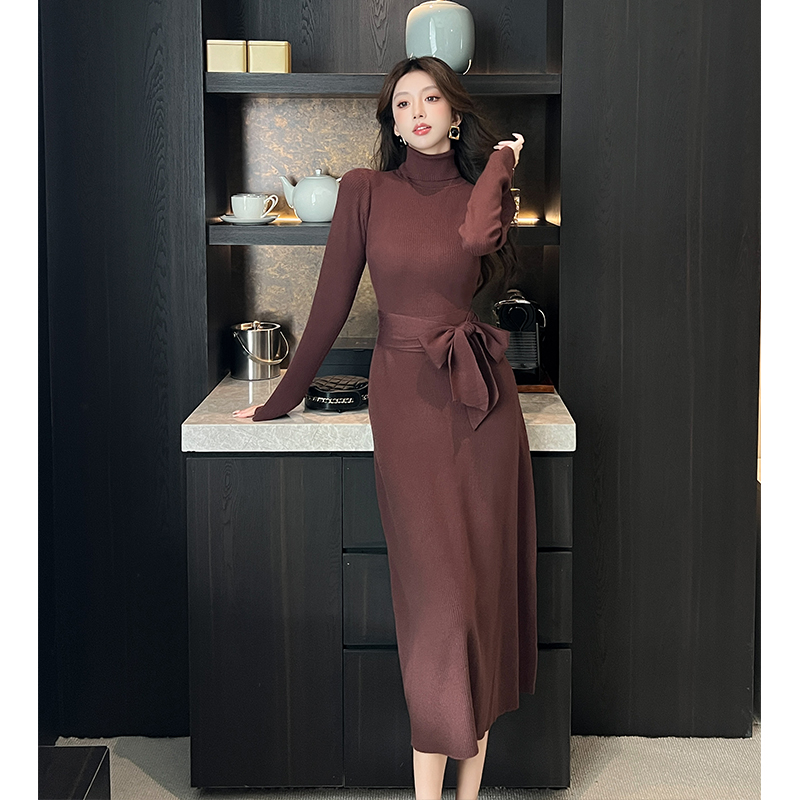 實拍時尚美拉德咖色高領針織連衣裙秋冬修身茶歇法式收腰裙子