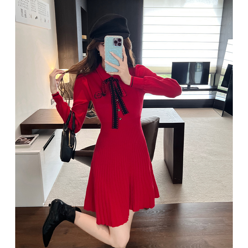 實拍紅色連衣裙秋冬法式小個子千金氣質小香風內搭打底針織裙