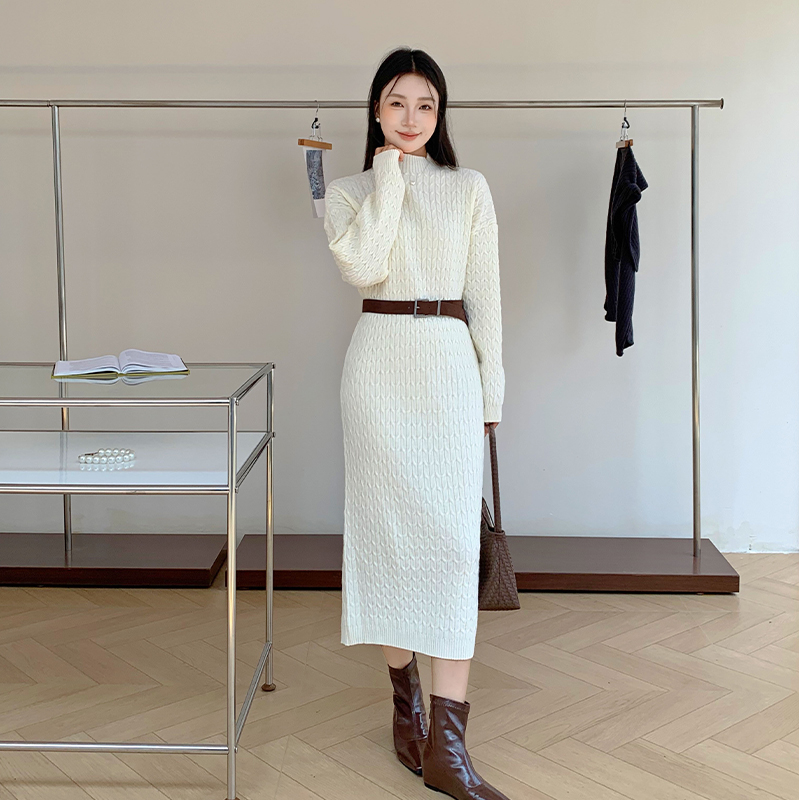實拍秋冬法式溫柔風寬松顯瘦麻花針織連衣裙女中長款過膝毛衣