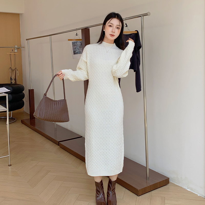 實拍秋冬法式溫柔風寬松顯瘦麻花針織連衣裙女中長款過膝毛衣
