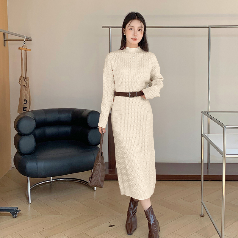 實拍秋冬法式溫柔風寬松顯瘦麻花針織連衣裙女中長款過膝毛衣