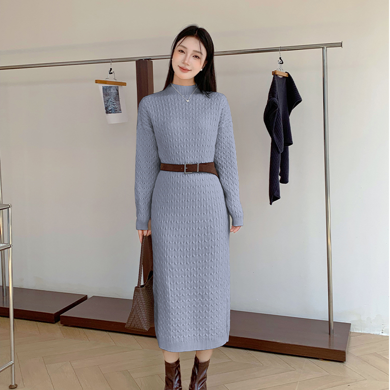 實拍秋冬法式溫柔風寬松顯瘦麻花針織連衣裙女中長款過膝毛衣
