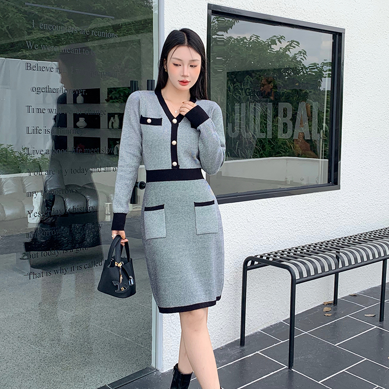 實拍小香風針織連衣裙女高級感氣質收腰顯瘦通勤外穿毛衣裙子