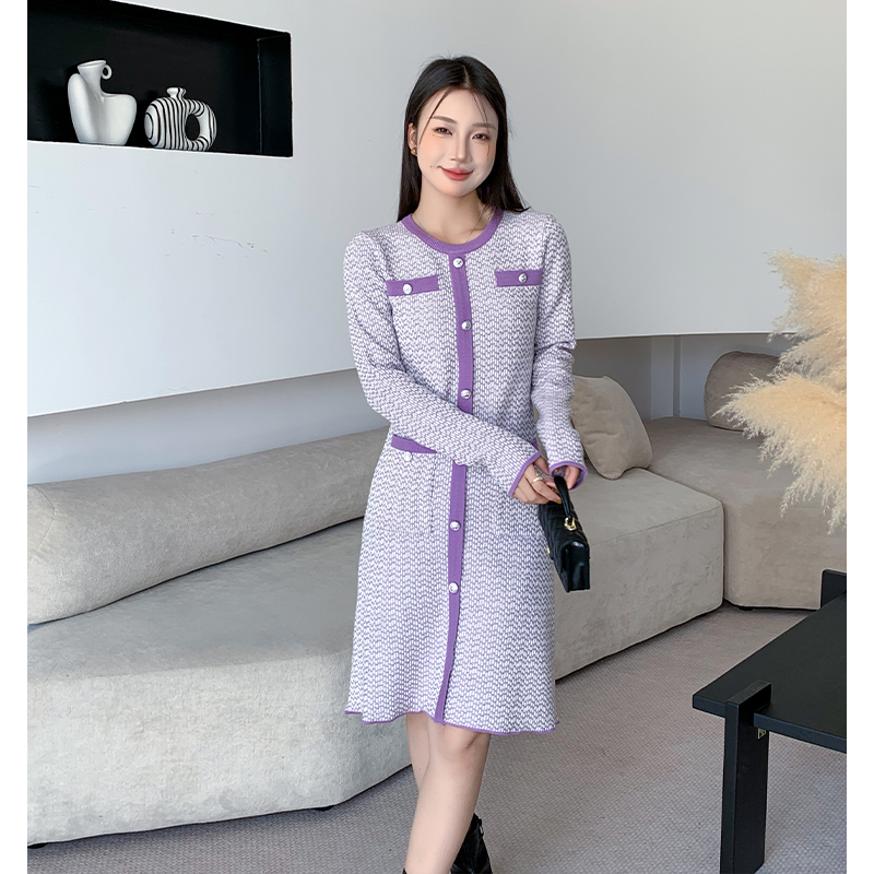 實拍紫色小香風針織連衣裙女高級感氣質名媛顯瘦毛衣打底裙子