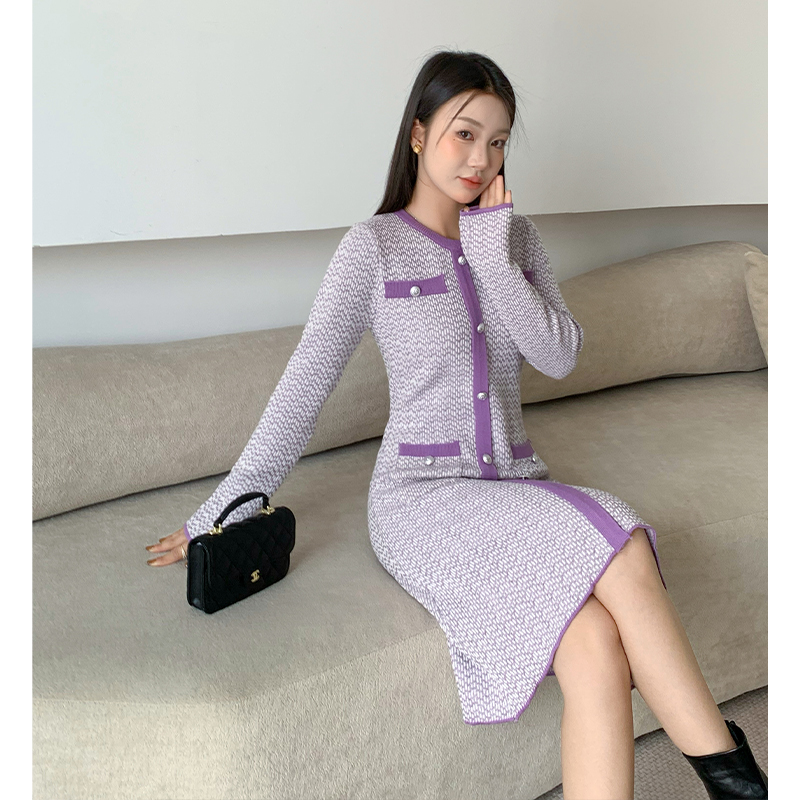 實拍紫色小香風針織連衣裙女高級感氣質名媛顯瘦毛衣打底裙子