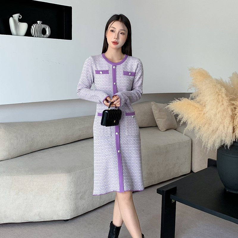 實拍紫色小香風針織連衣裙女高級感氣質名媛顯瘦毛衣打底裙子