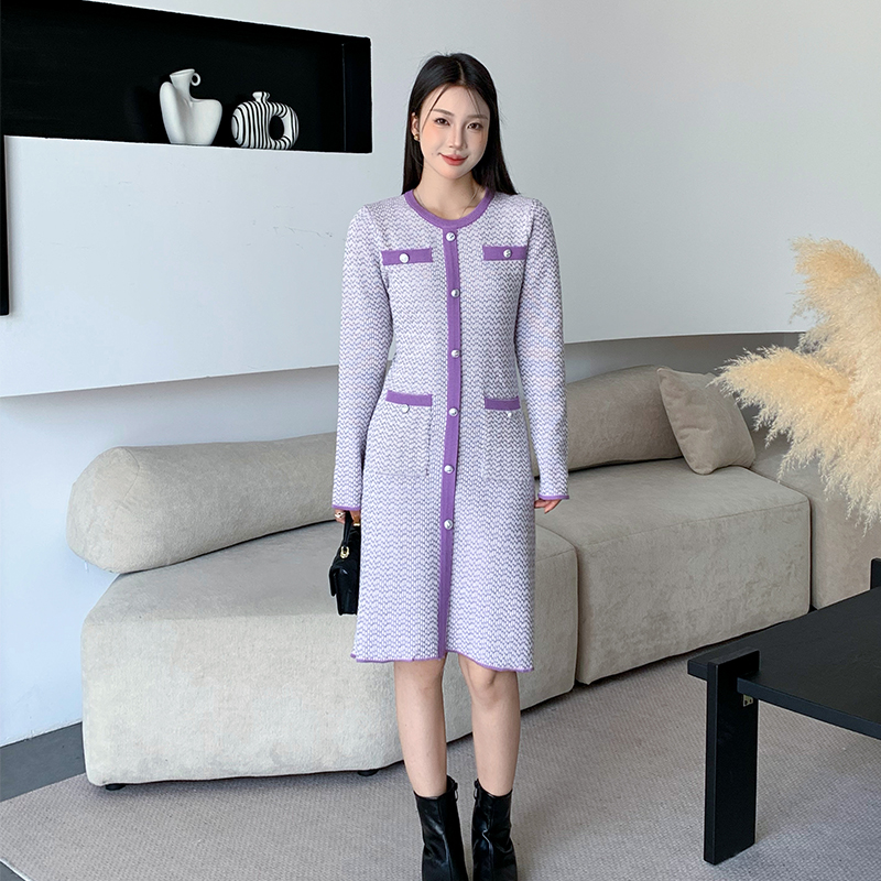 實拍紫色小香風針織連衣裙女高級感氣質名媛顯瘦毛衣打底裙子