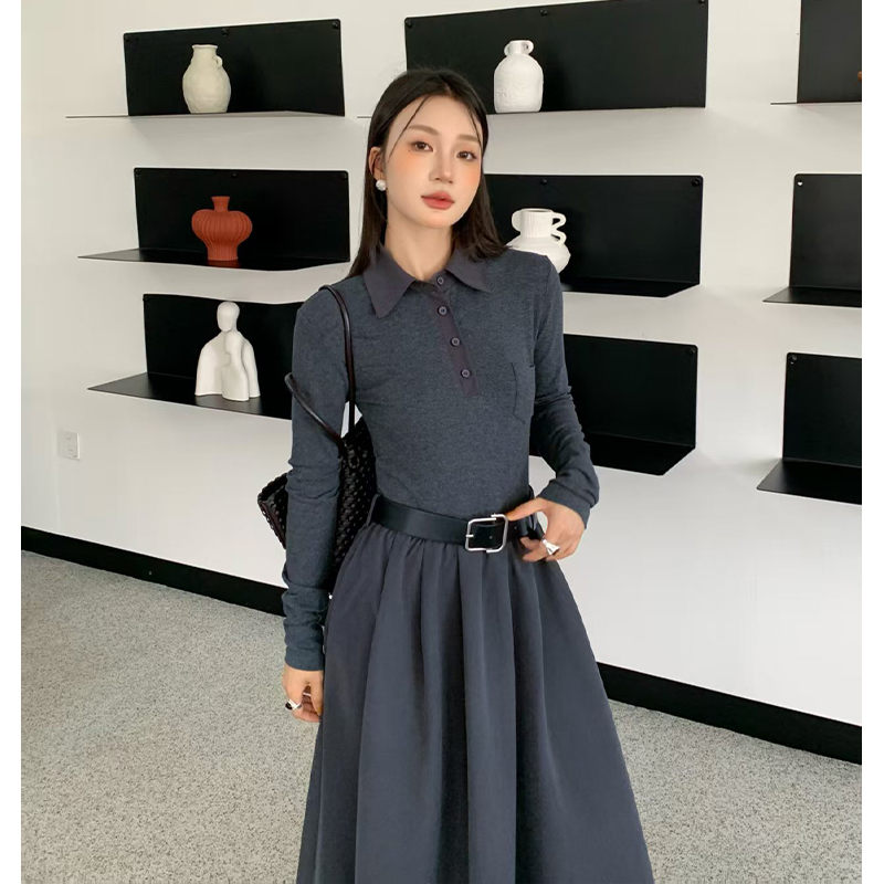 實拍韓復古氣質減齡Polo設計感腰帶收腰顯瘦連衣裙御姐長裙