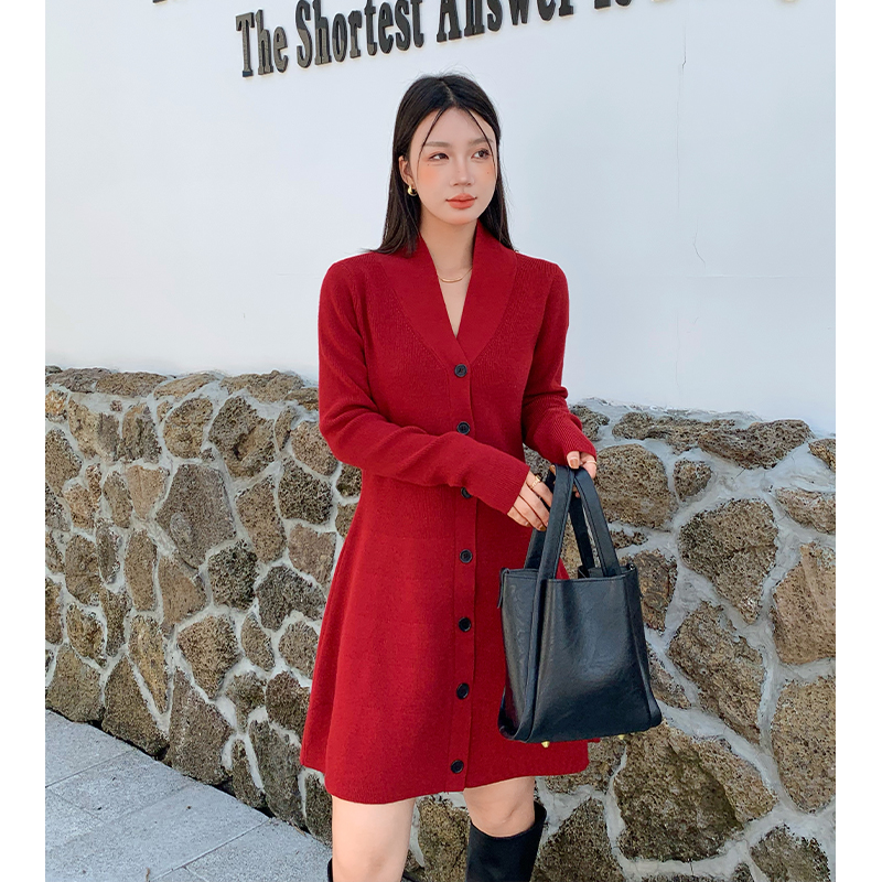 實拍氣質芭蕾風A字裙V領收腰針織連衣裙短裙秋冬內搭小個子裙