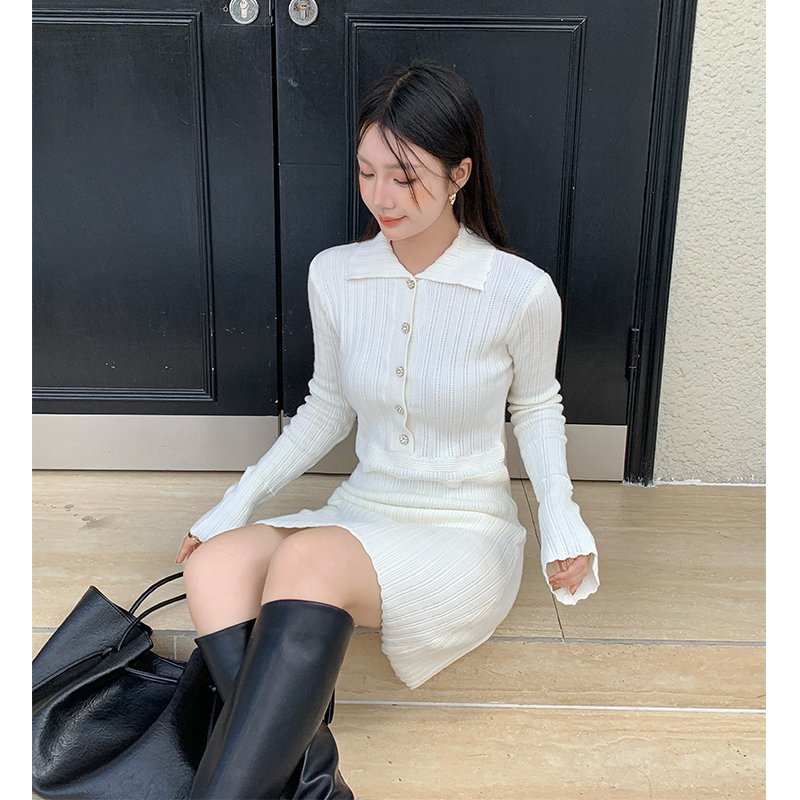 實拍秋冬法式小香風針織連衣裙收腰修身顯瘦打底內搭毛衣短裙