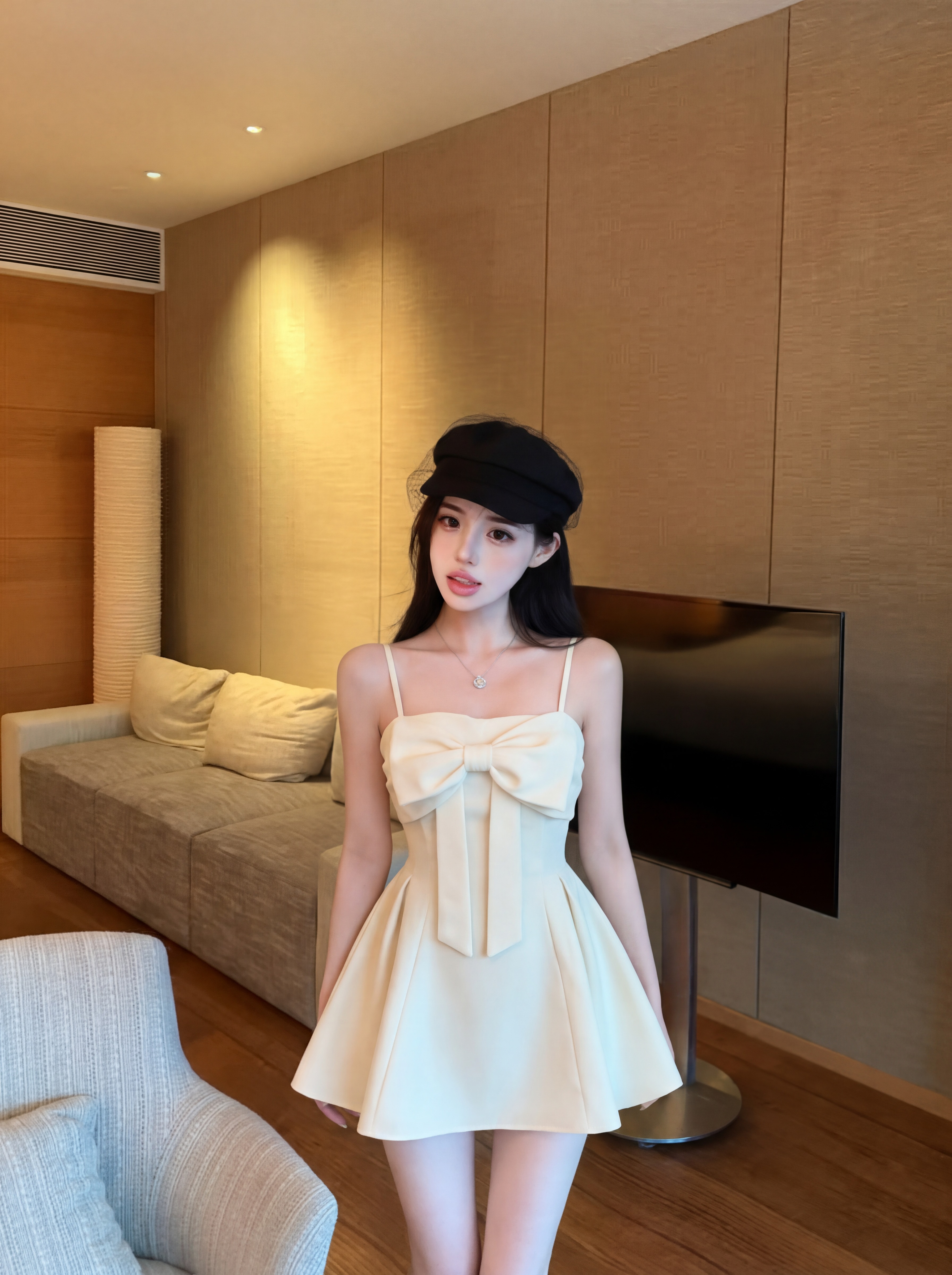 法式純欲風吊帶蝴蝶結連衣裙子女設計感小眾度假風收腰短裙夏