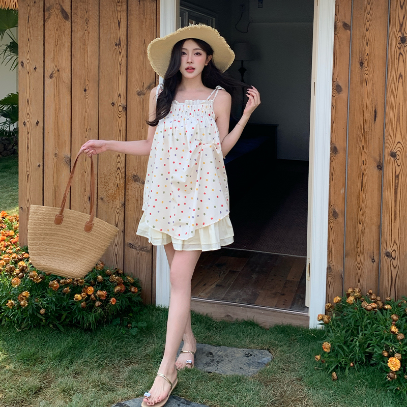 實拍韓版小眾復古少女波點吊帶連衣裙娃娃衫寬松抹胸短裙夏季