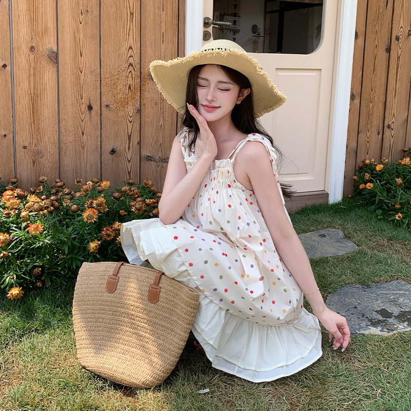 實拍韓版小眾復古少女波點吊帶連衣裙娃娃衫寬松抹胸短裙夏季