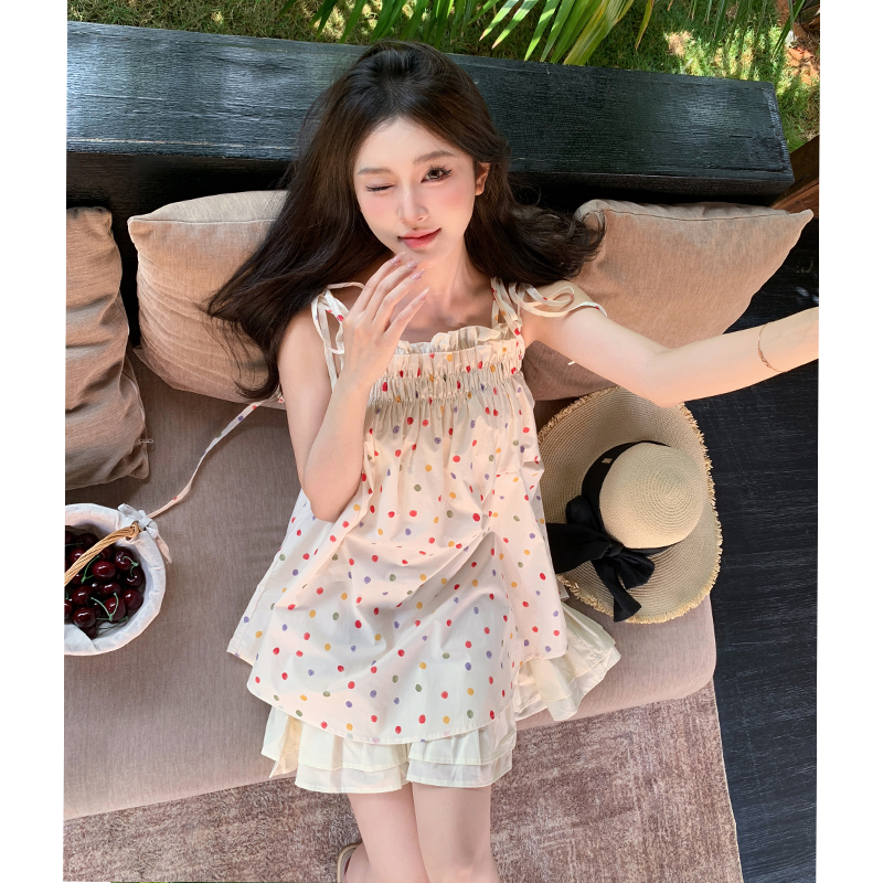 實拍韓版小眾復古少女波點吊帶連衣裙娃娃衫寬松抹胸短裙夏季