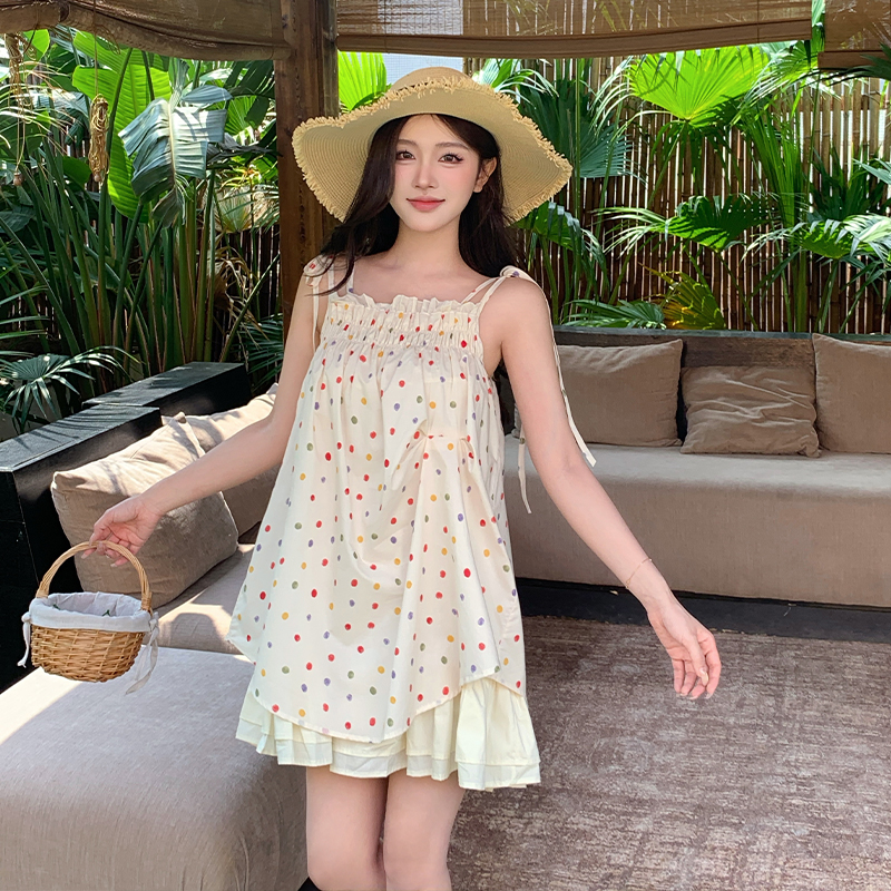 實拍韓版小眾復古少女波點吊帶連衣裙娃娃衫寬松抹胸短裙夏季