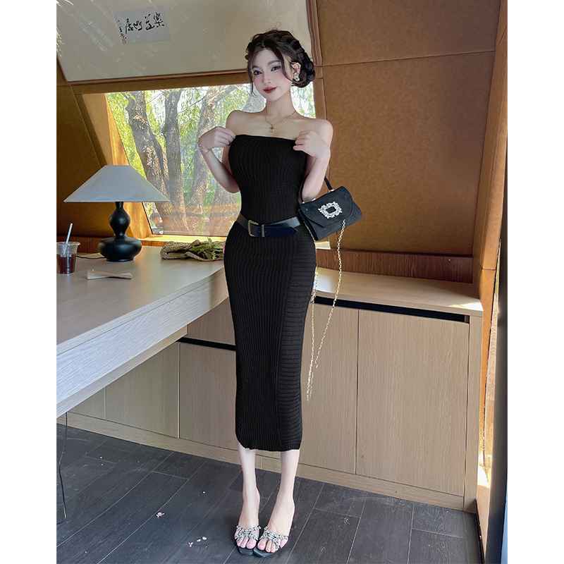 實拍性感抹胸連衣裙設計感修身收腰包臀御姐風針織裙子配腰帶