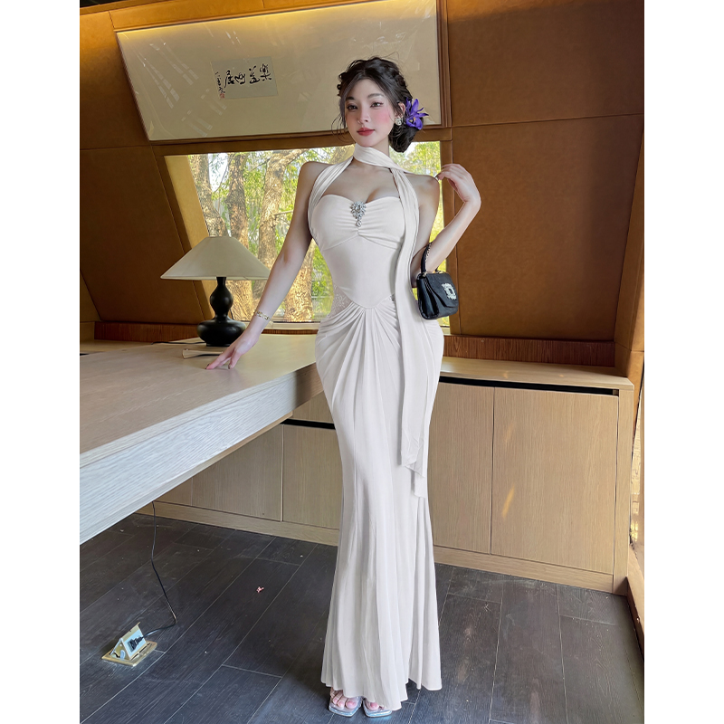 實拍女神掛脖飄帶晚禮服長裙高級性感修身褶皺網紗包臀連衣裙