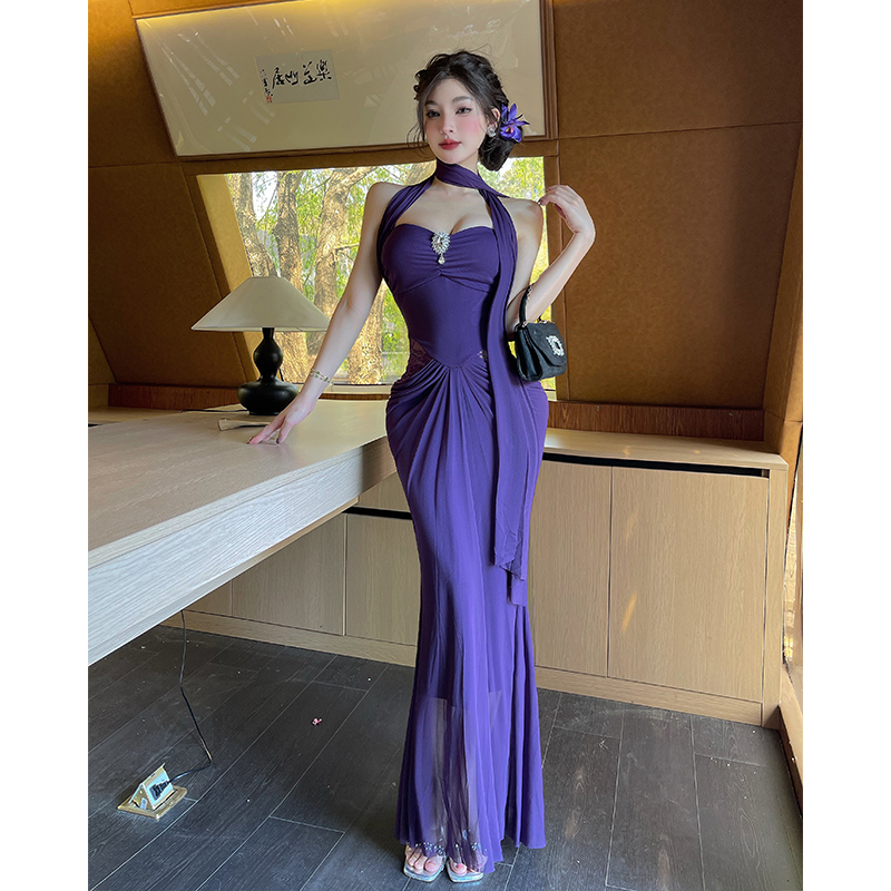 實拍女神掛脖飄帶晚禮服長裙高級性感修身褶皺網紗包臀連衣裙