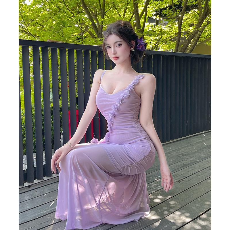 實拍法式甜美純欲風性感吊帶花朵拼接網紗連衣裙修身包臀長裙