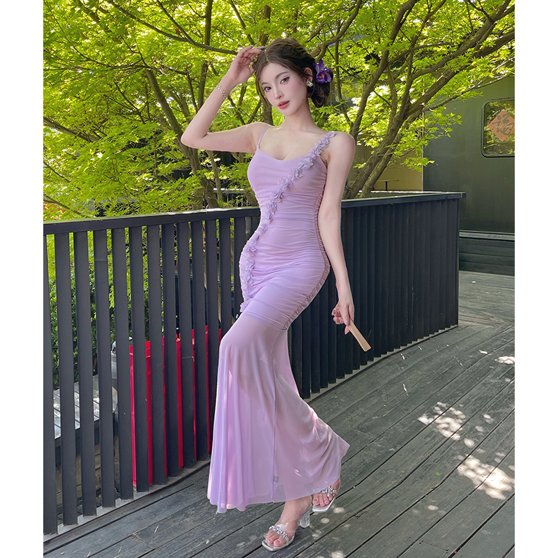 實拍法式甜美純欲風性感吊帶花朵拼接網紗連衣裙修身包臀長裙