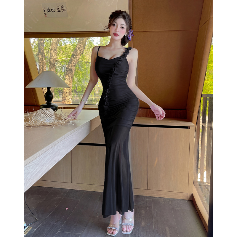 實拍法式甜美純欲風性感吊帶花朵拼接網紗連衣裙修身包臀長裙