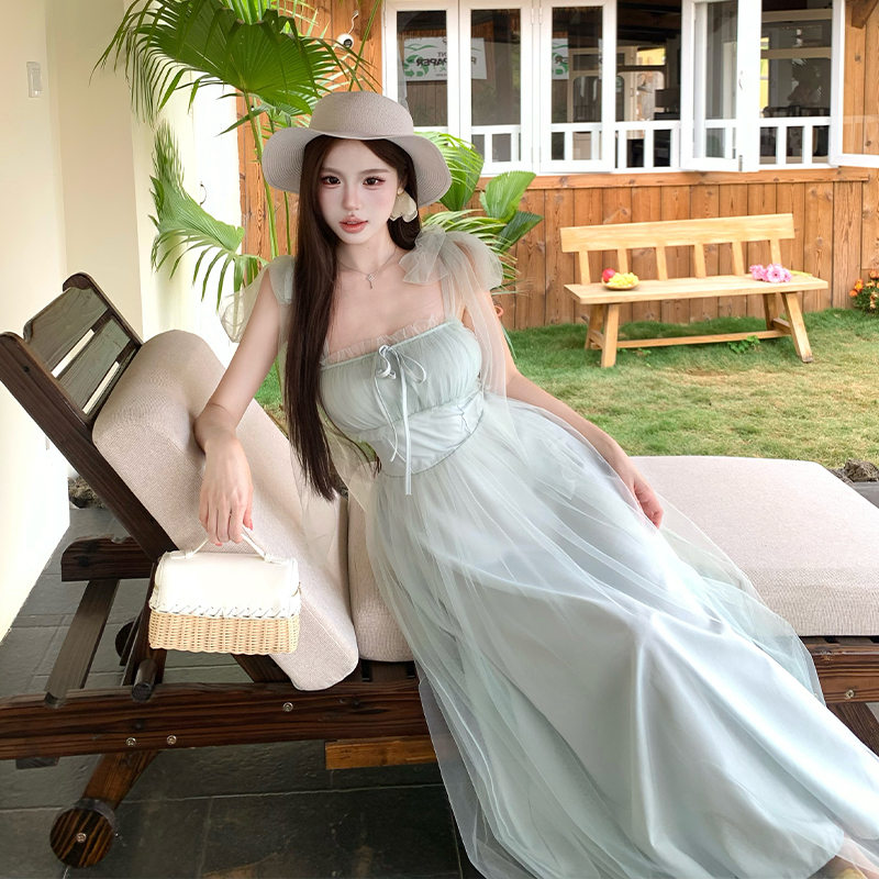 實拍綠野仙蹤網紗吊帶連衣裙女夏海邊度假氛圍感氣質長裙溫柔