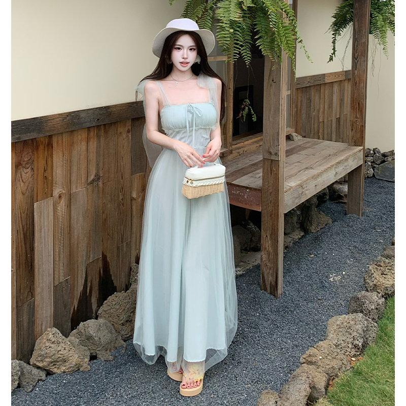 實拍綠野仙蹤網紗吊帶連衣裙女夏海邊度假氛圍感氣質長裙溫柔