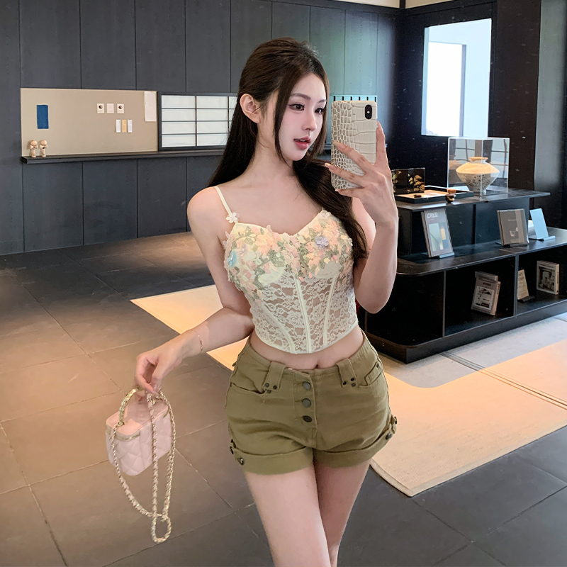 RY3472# 实拍韩版甜酷辣妹金属扣翻边铆钉设计卡其牛仔短款女休闲热裤