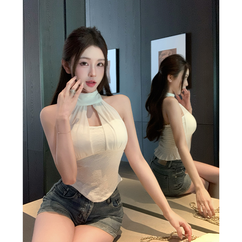 RY3471# 实拍纯欲白色网纱拼接挂脖吊带背心女设计感辣妹修身无袖上衣