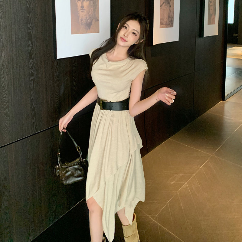 實拍小個子蕩領設計感不規則系帶收腰顯瘦A字垂感中長連衣裙