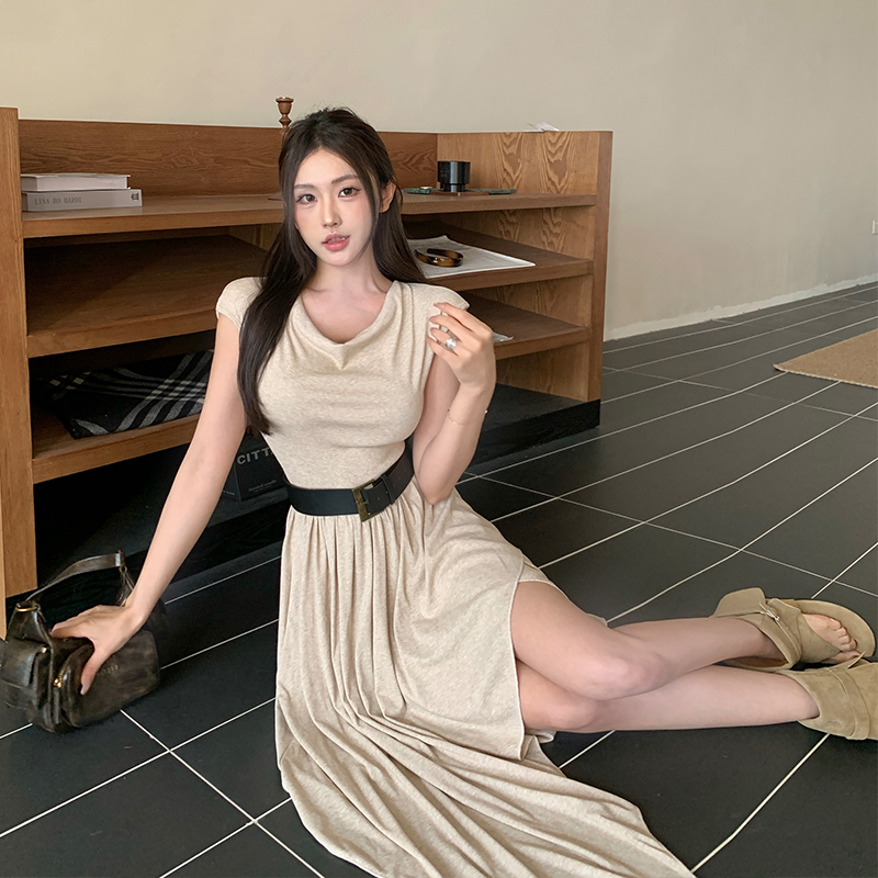 實拍小個子蕩領設計感不規則系帶收腰顯瘦A字垂感中長連衣裙