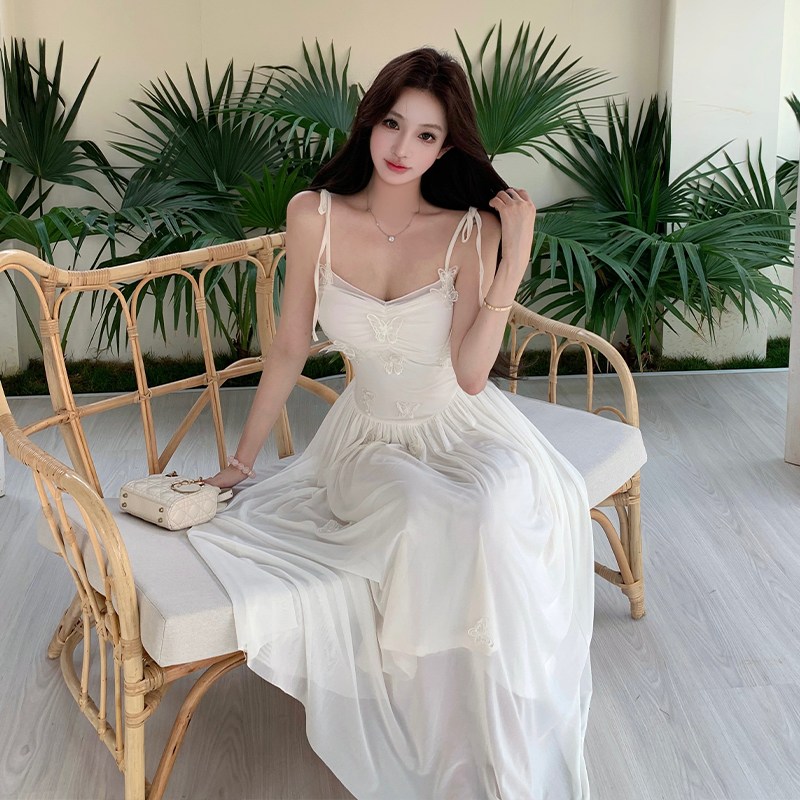 實拍祈愿少女法式立體蝴蝶薄紗吊帶連衣裙女氣質訂婚禮服